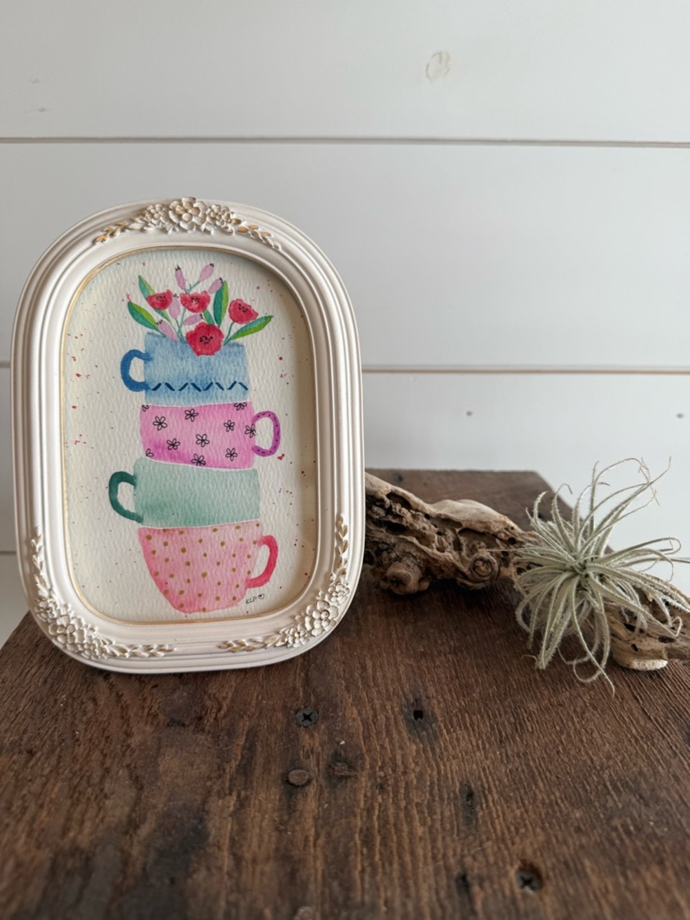 Hand-Painted watercolor Stack of Teacups in 4x6 White Ornate Frame